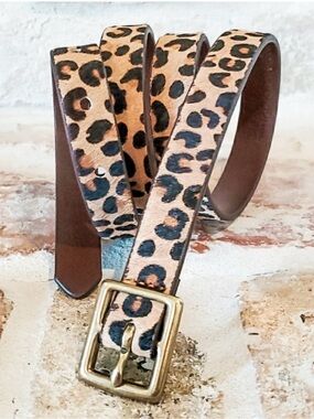Leopard Bonded Leather Calf Hair Skinny Belt
